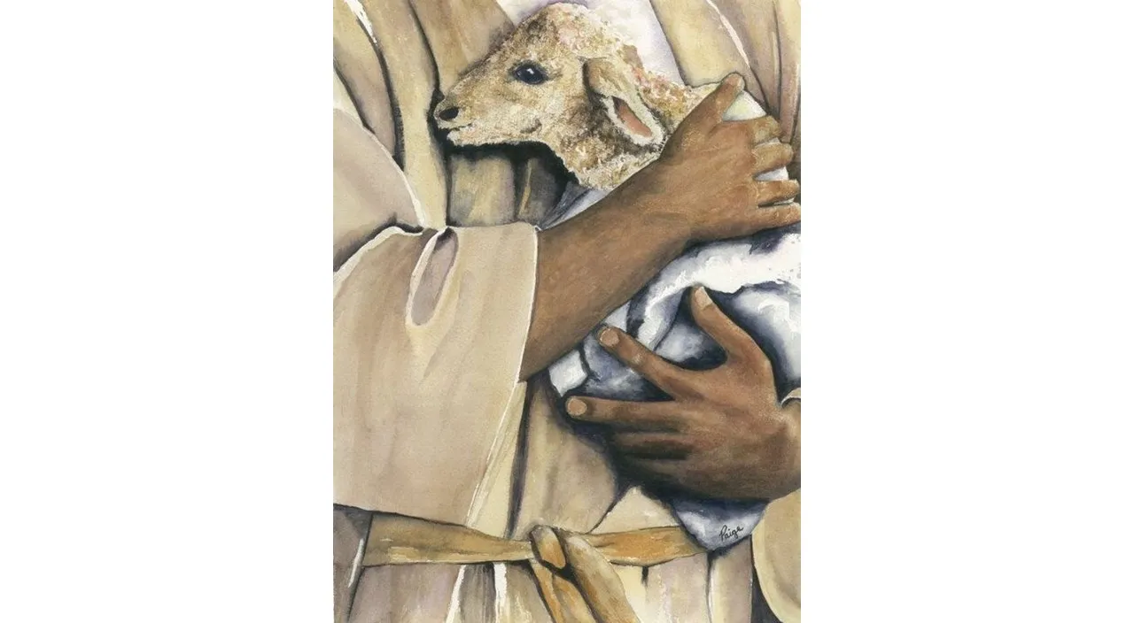 a painting of a person holding a sheep