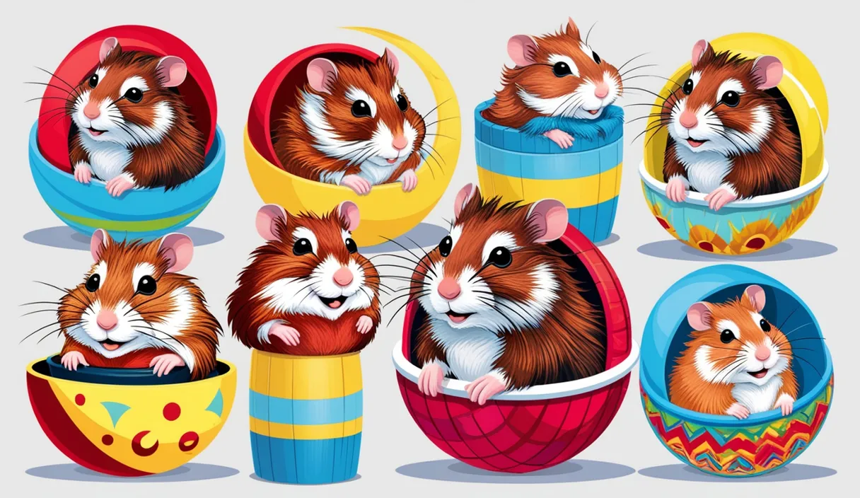 a group of brown and white hamsters in colorful baskets