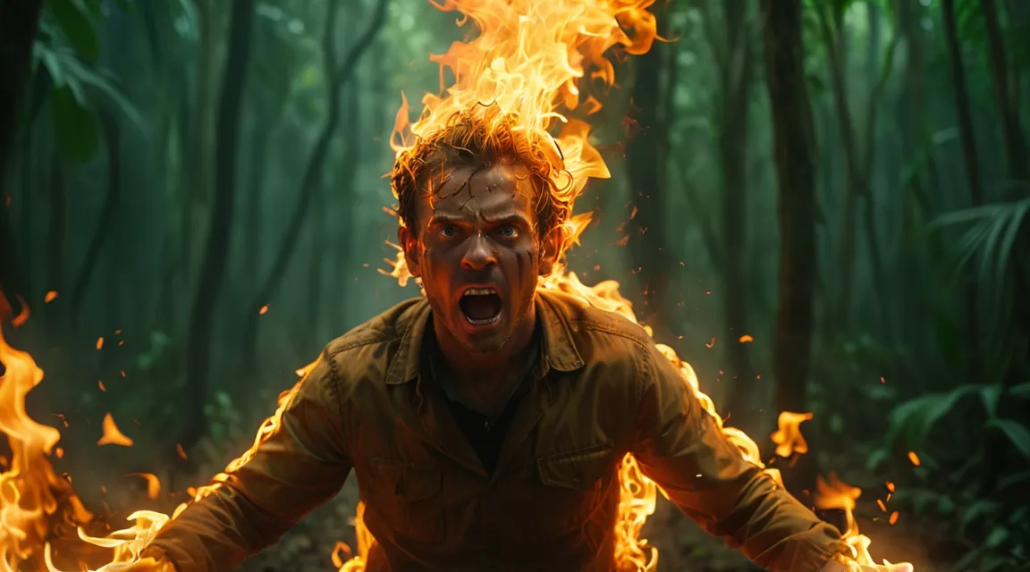 a man in a forest with fire coming out of his mouth
