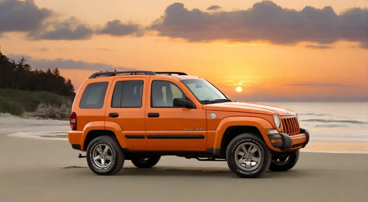 an orange jeep parked on the beach at sunset