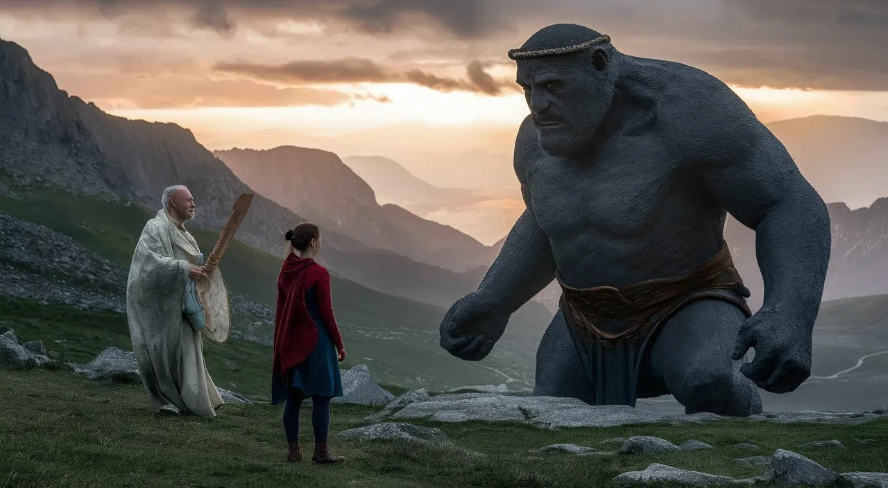 a woman standing next to a giant statue