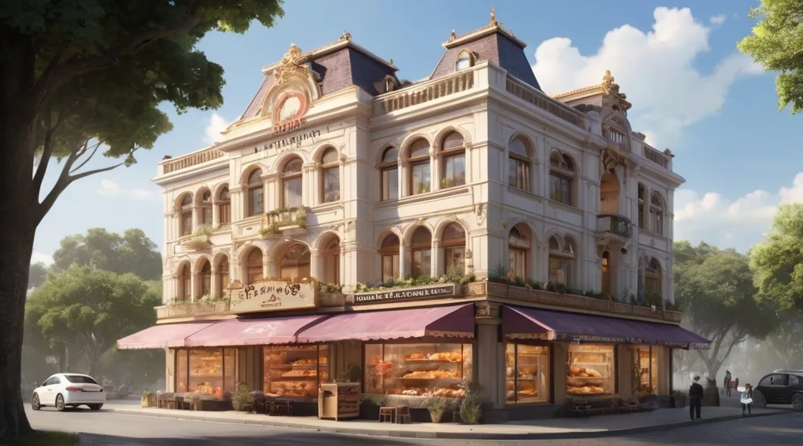 a painting of a bakery with a pink awning