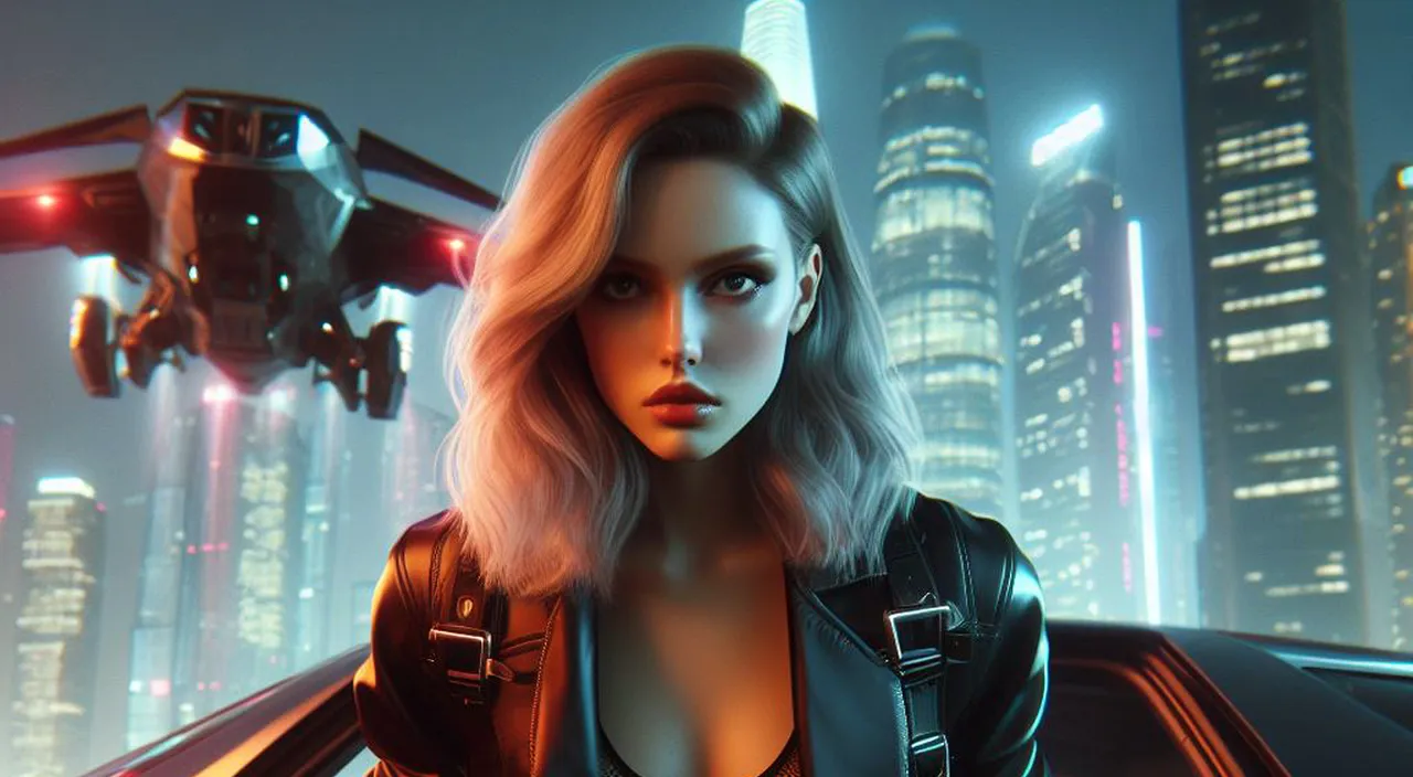 a woman standing in front of a car in a futuristic city