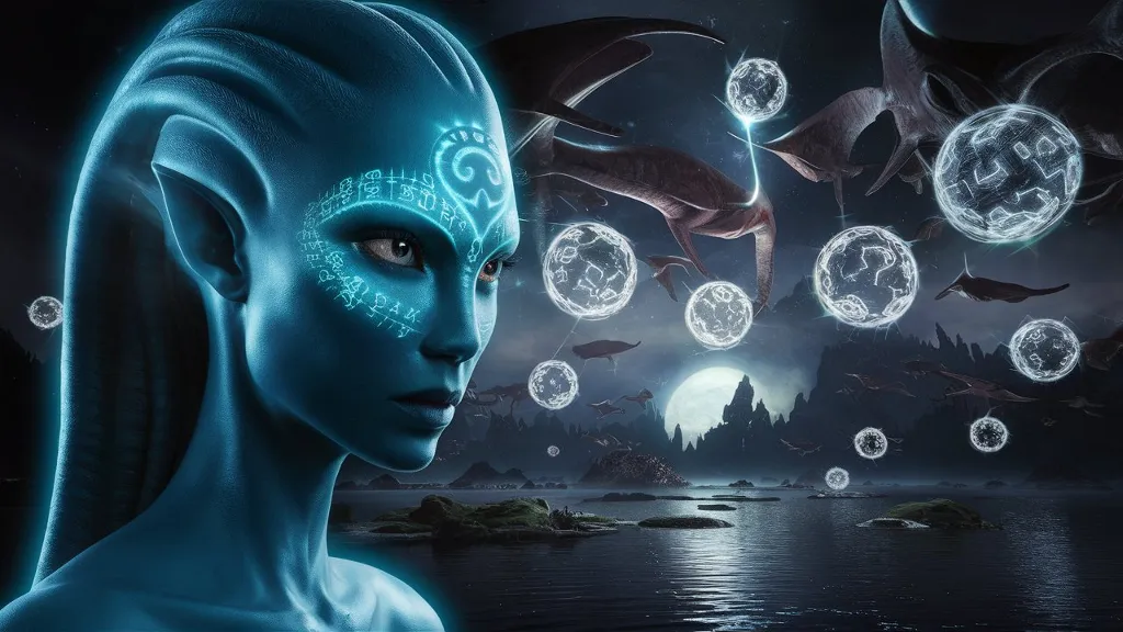 A stunning and intricate photorealistic scene from a dark sci-fi fantasy blockbuster movie. The focus is on a close-up of a blue alien entity with holographic ancient symbols projected on her skin, illuminating the atmosphere. Surrounding her are flying silver chrome stingrays emitting electronic energy spheres. All of this unfolds over the majestic, mystical waters of the Lake of Cosmic Knowledge on floating islands. The 4K quality of the image showcases the highest level of detail and craftsmanship.