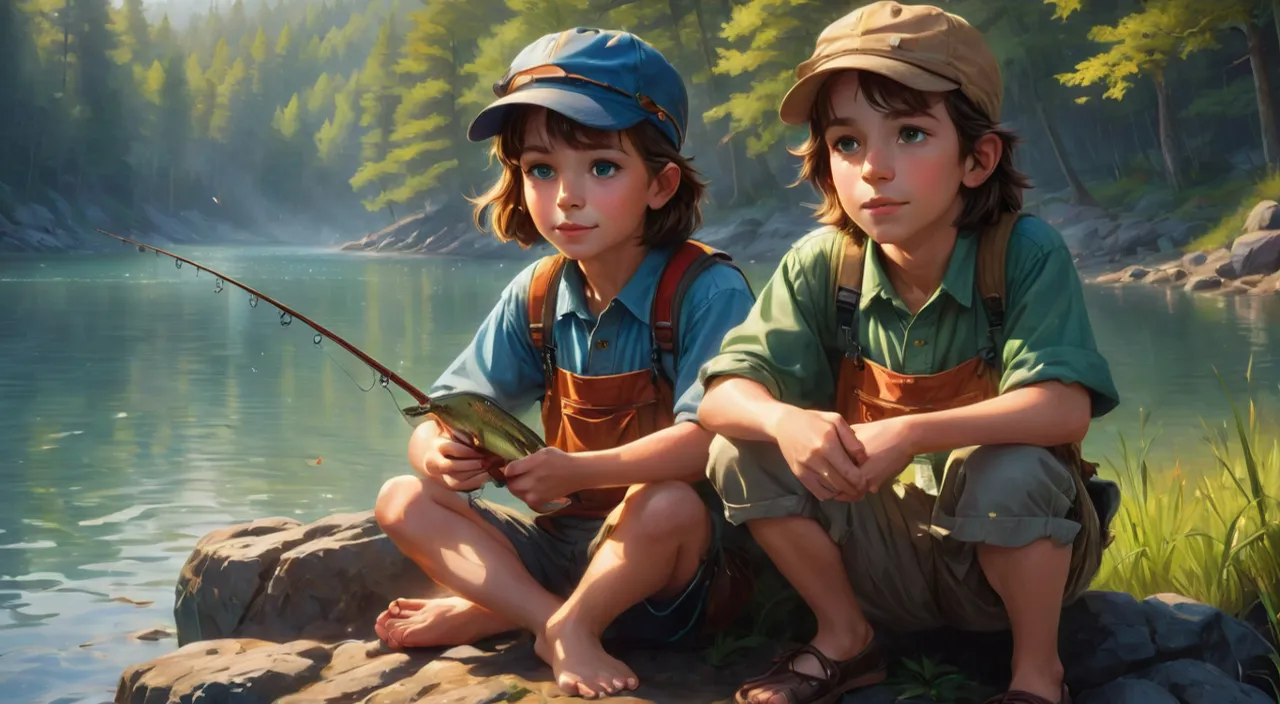 two children sitting on a rock fishing