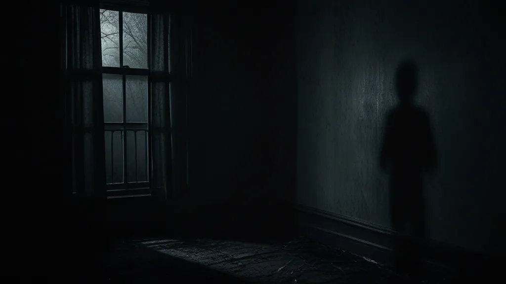 a person standing in a dark room next to a window