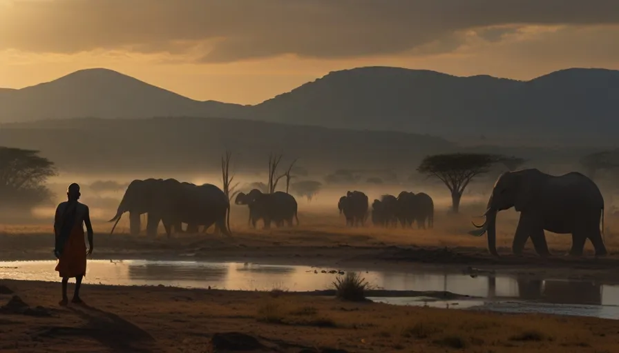 a man standing in front of a herd of elephants