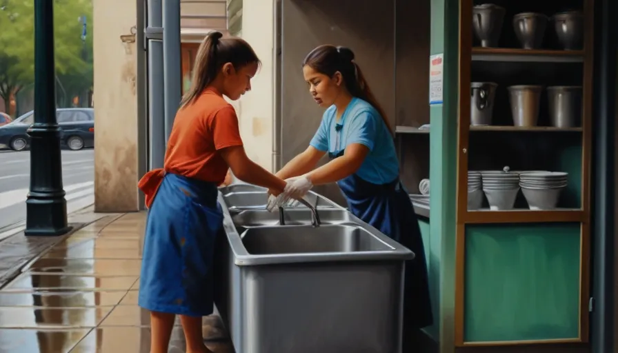 a painting of two girls washing dishes in a sink