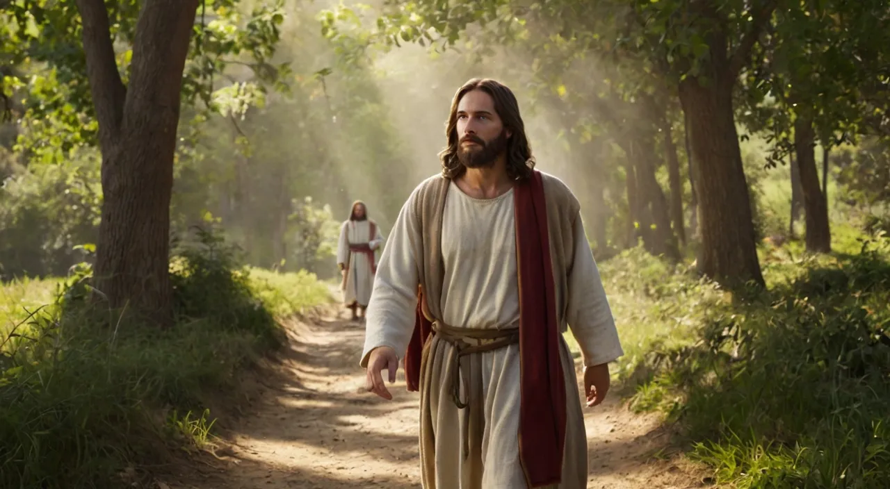 jesus walking down a path in the woods