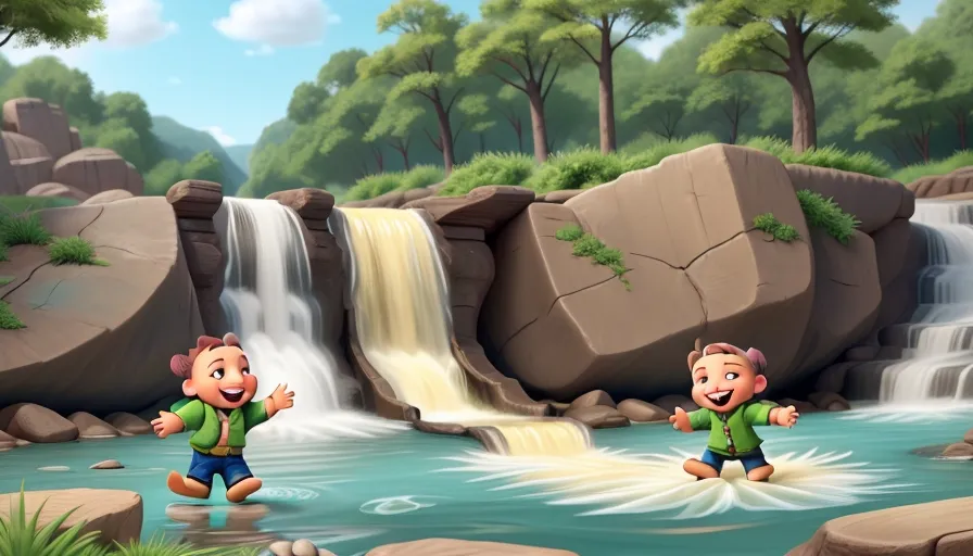 two children playing in the water near a waterfall