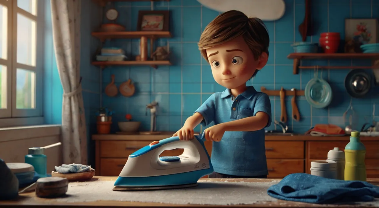 a young boy ironing clothes in a blue kitchen