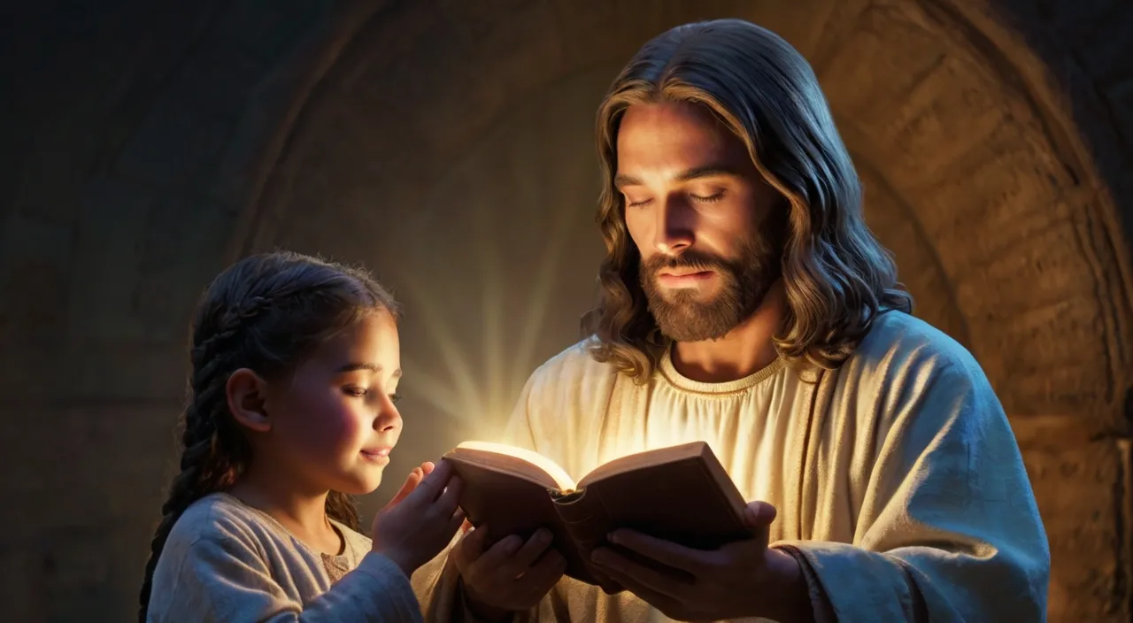 jesus reading a book to a little girl