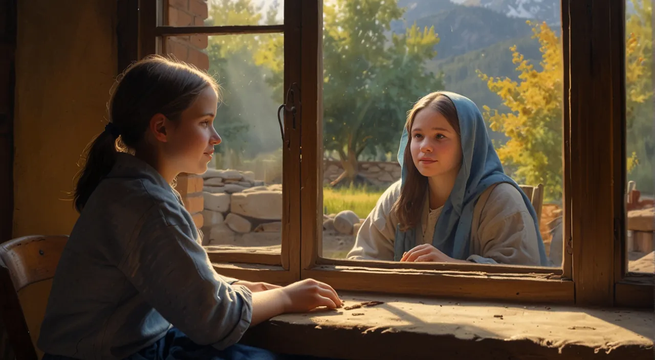 two girls looking out a window at a mountain