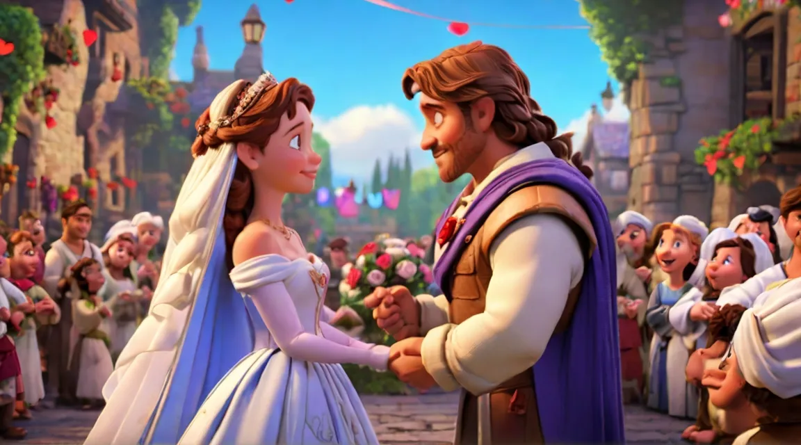 Eamon and Princess Isabella exchanging vows in front of the villagers, their union symbolizing love and unity. Eamon and Princess Isabella, exchanging vows amidst the gathered villagers, a moment of love and unity that transcends their past challenges.