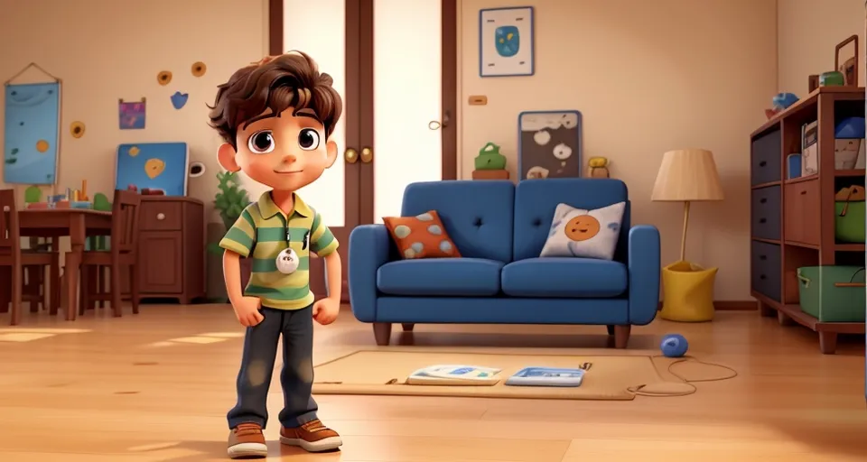 a young boy standing in a living room