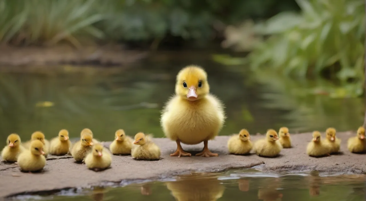 a group of baby ducks standing next to a body of water