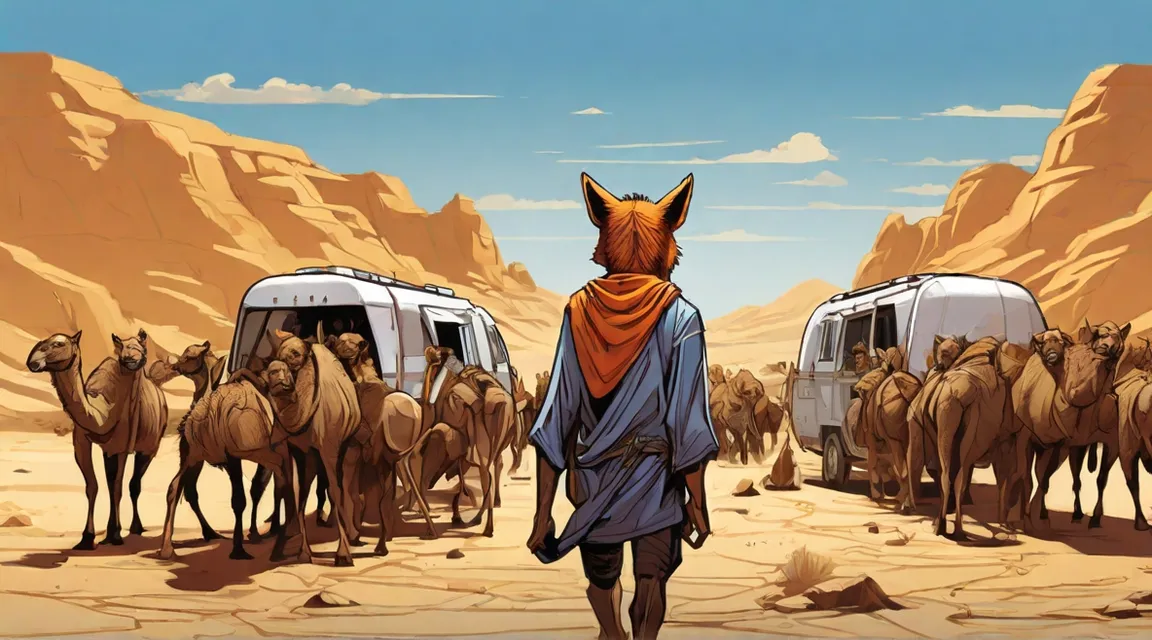 a painting of a fox walking in front of a herd of camels