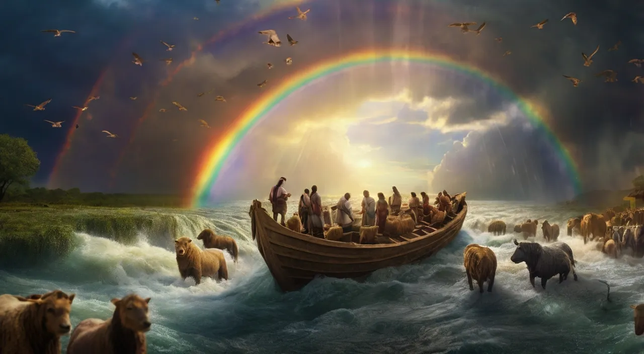 a painting of a boat full of people in a river with a rainbow in the