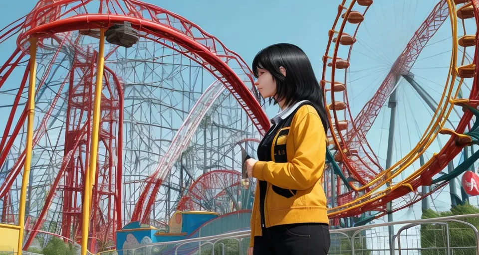 a woman standing in front of a roller coaster