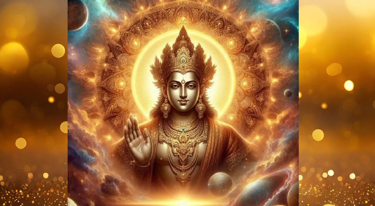 create a surya god with a golden background, 8k , size of 1920x1080, colorful