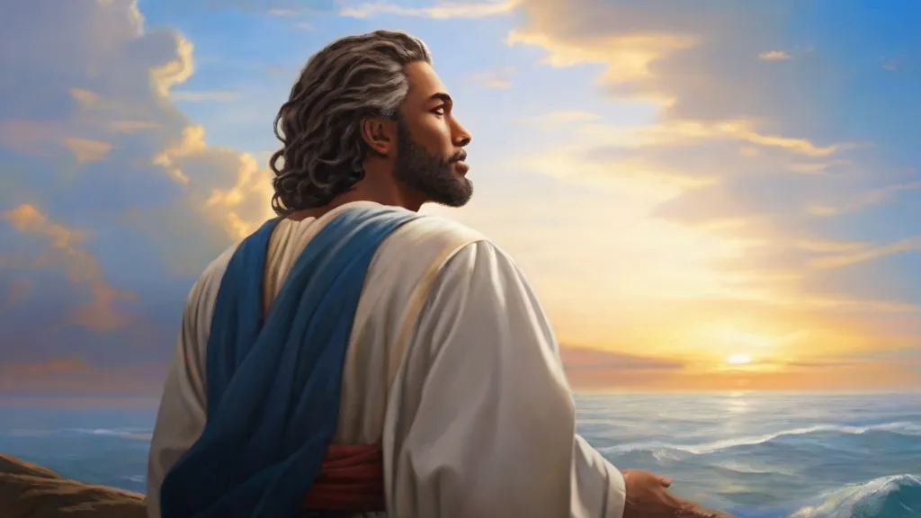 a painting of jesus standing in front of the ocean