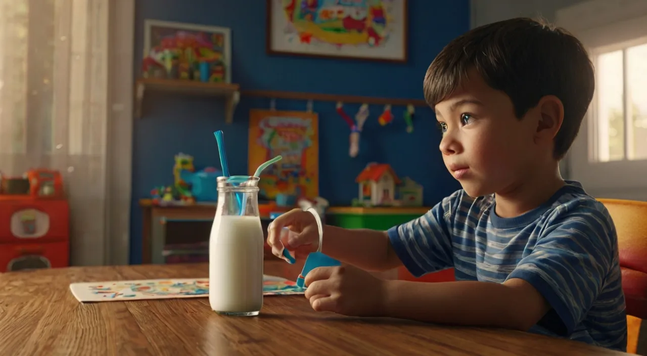 a little boy sitting at a table with a glass of milk