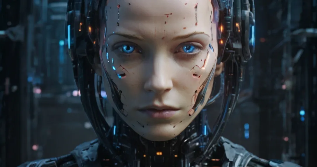 a woman with blue eyes and a futuristic suit