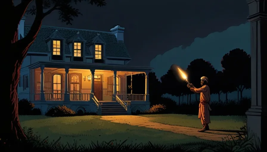 a man holding a flashlight in front of a house