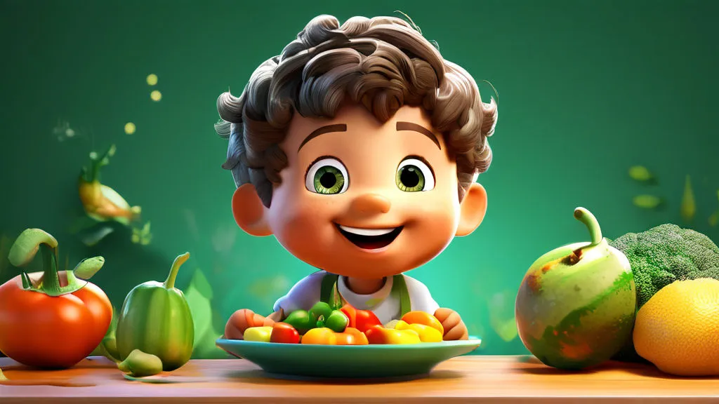 a cartoon boy with a plate of fruit and vegetables