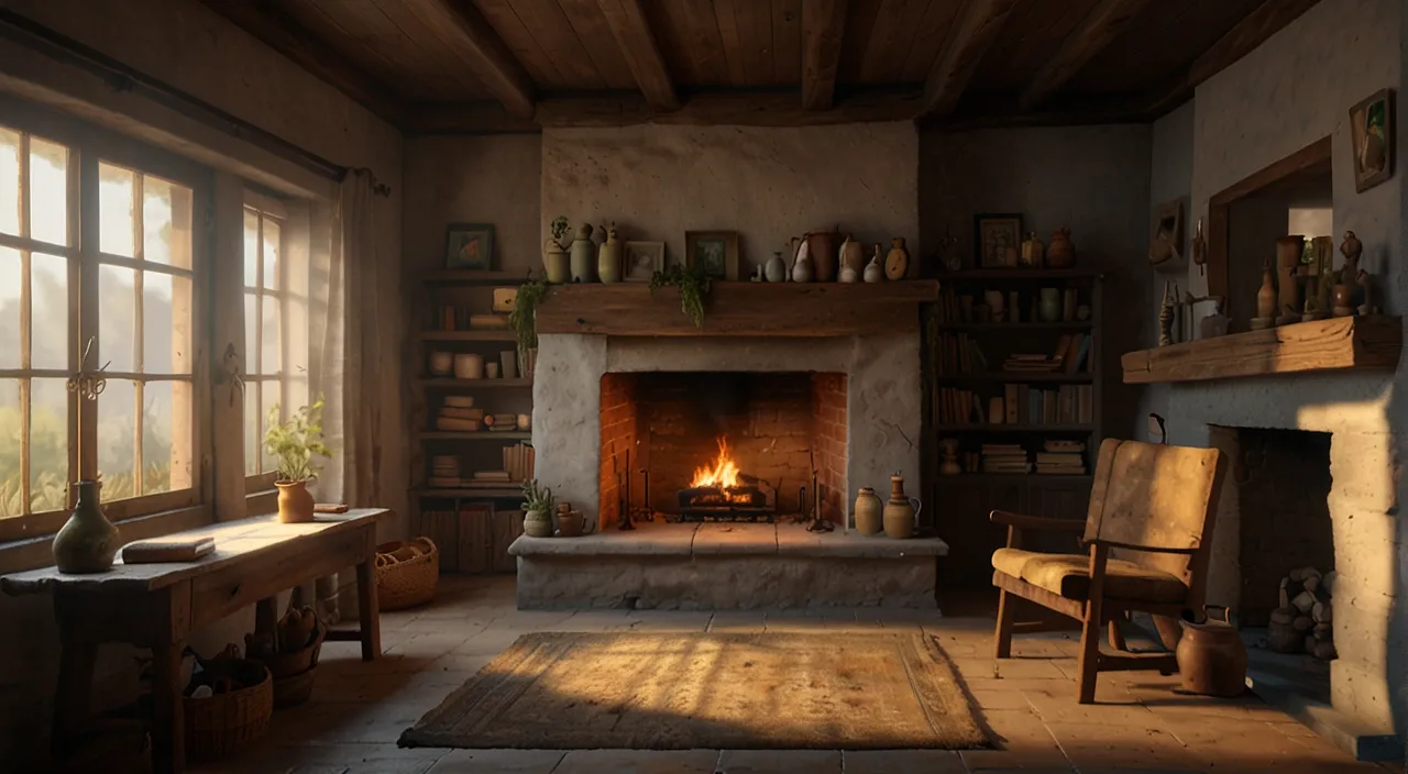 a living room with a fire place in it