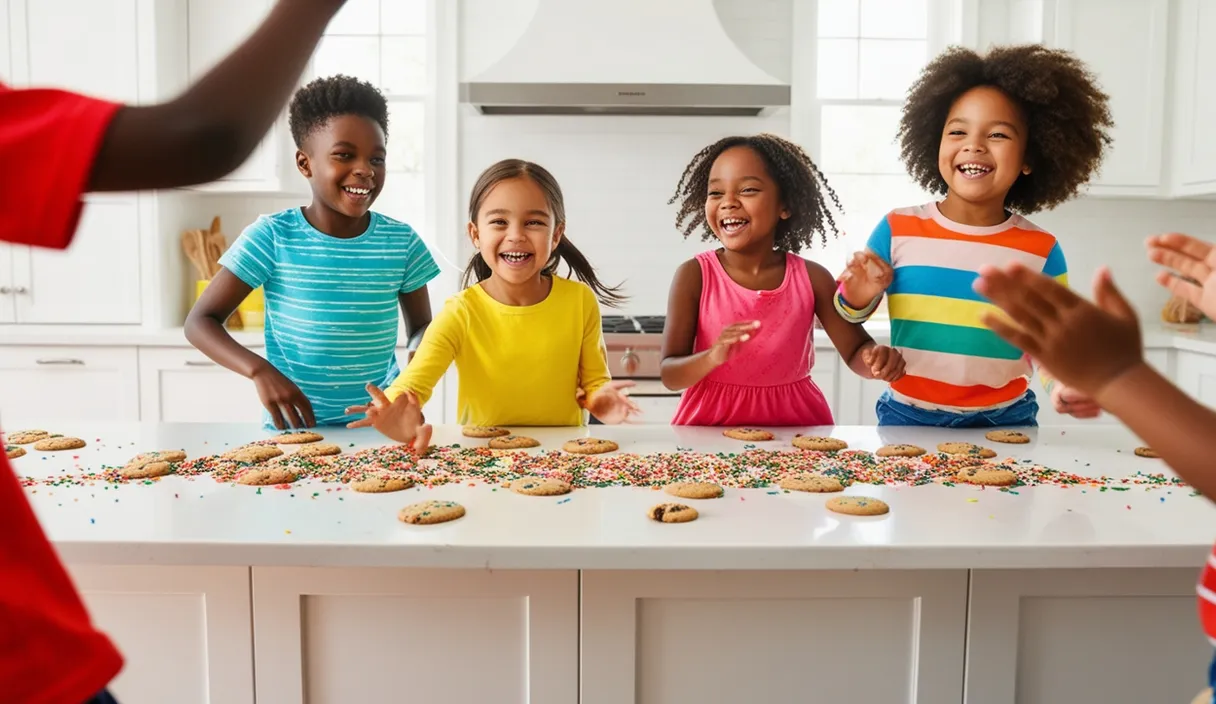 a group of children standing around a table with cookies