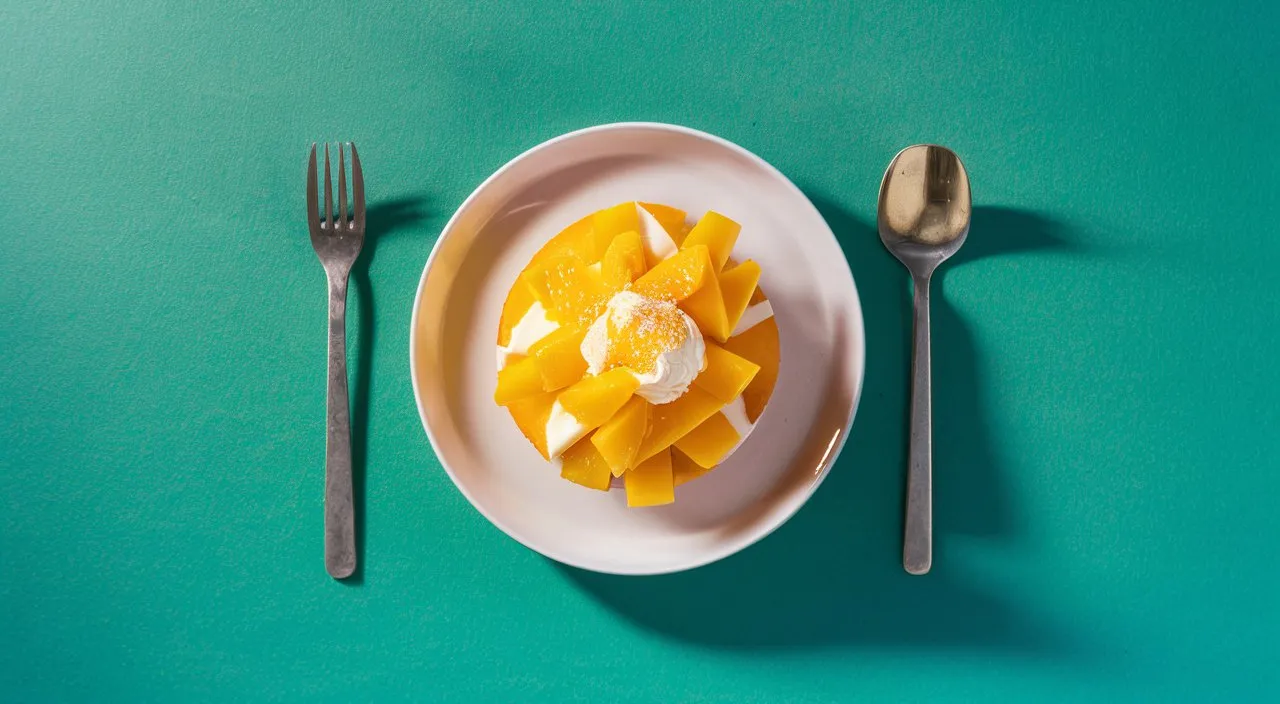 a white plate topped with sliced mangoes next to a fork