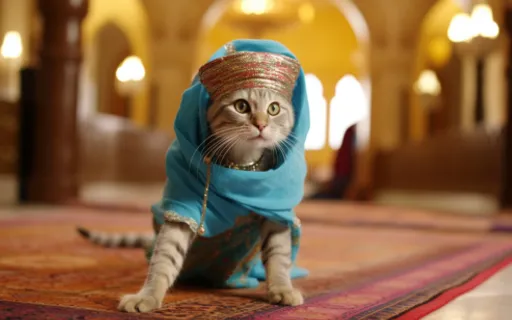 a cat dressed in a blue outfit on a rug