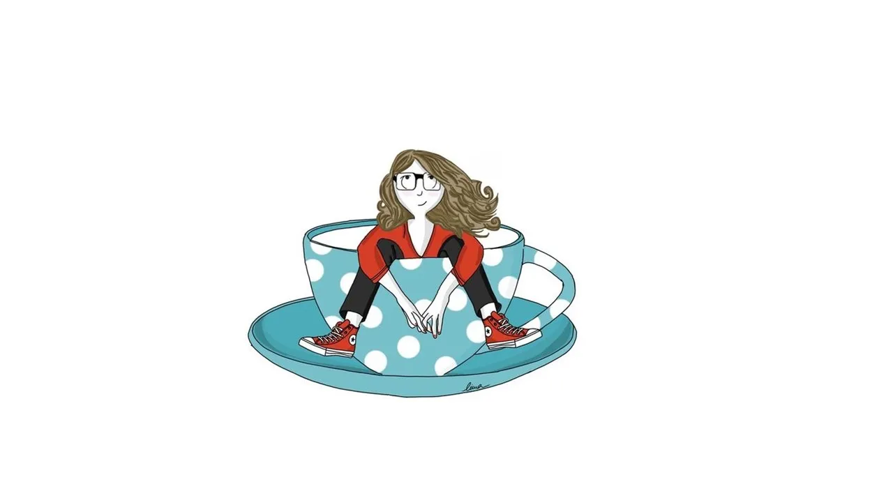 drawing of a woman sitting inside a cup. she is happy and relaxed