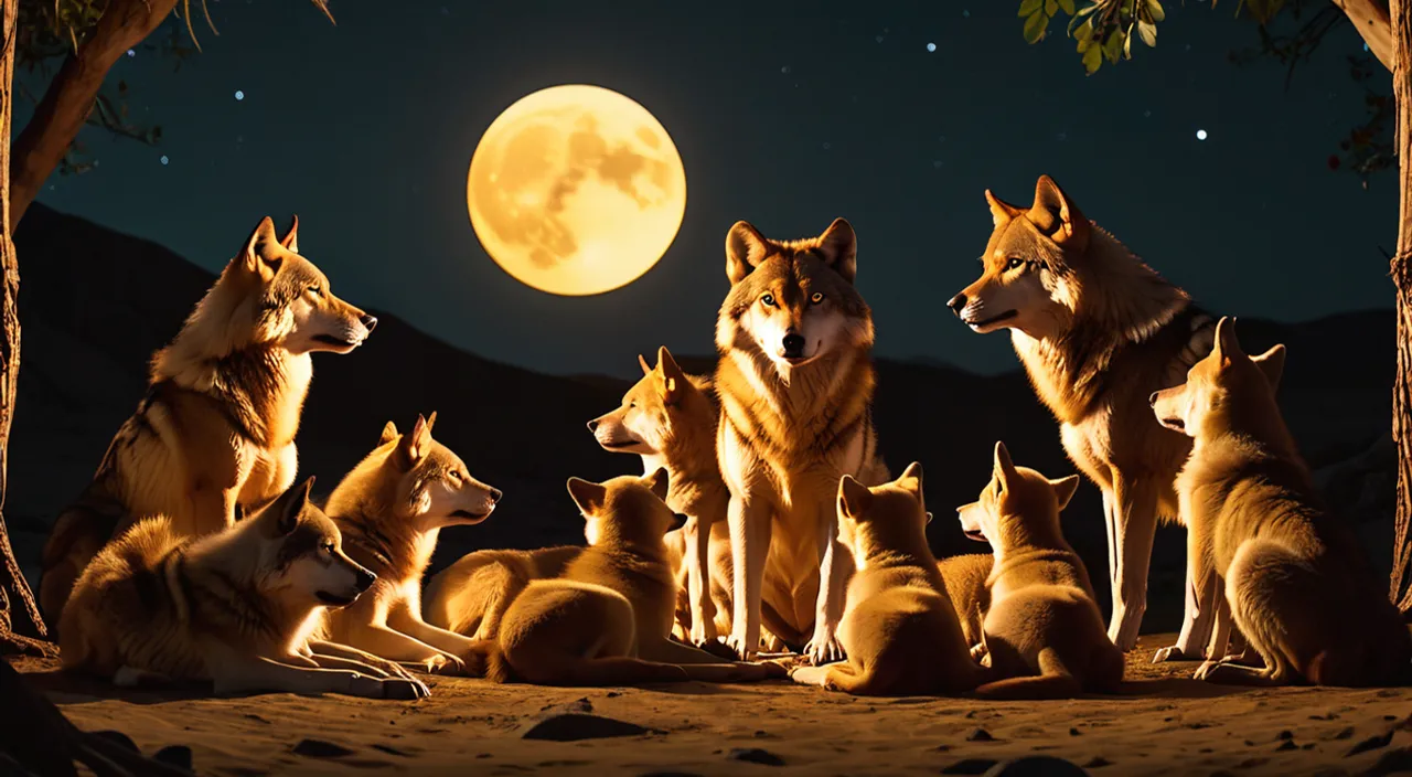 a group of wolfs sitting in front of a full moon