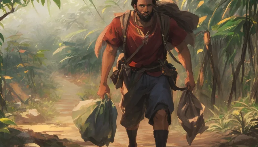 a man with short hair, walking through a jungle carrying bags, 2d animation