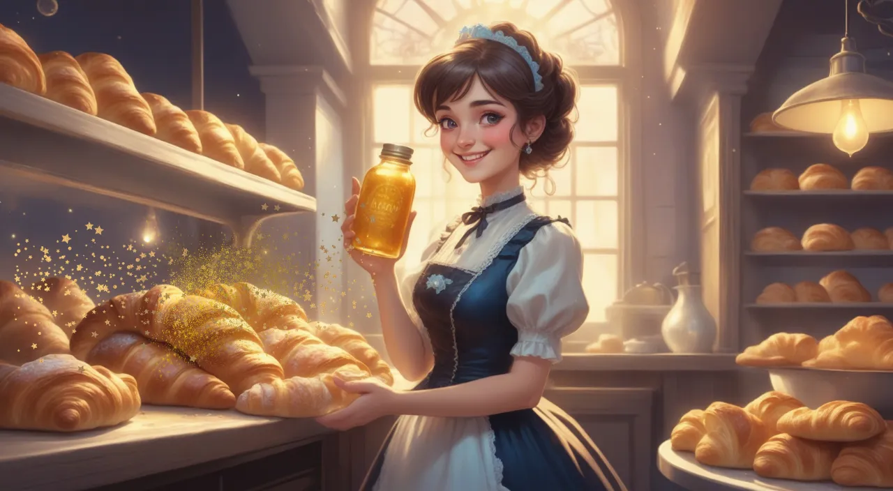 a painting of a woman holding a jar of glitter ,sprinkling in on croissants