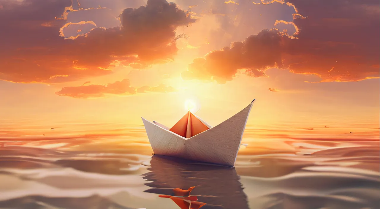 a paper boat floating on water waves