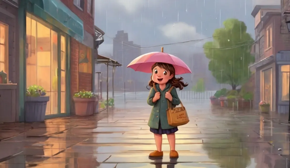 a little girl holding an umbrella in the rain.CARTOON