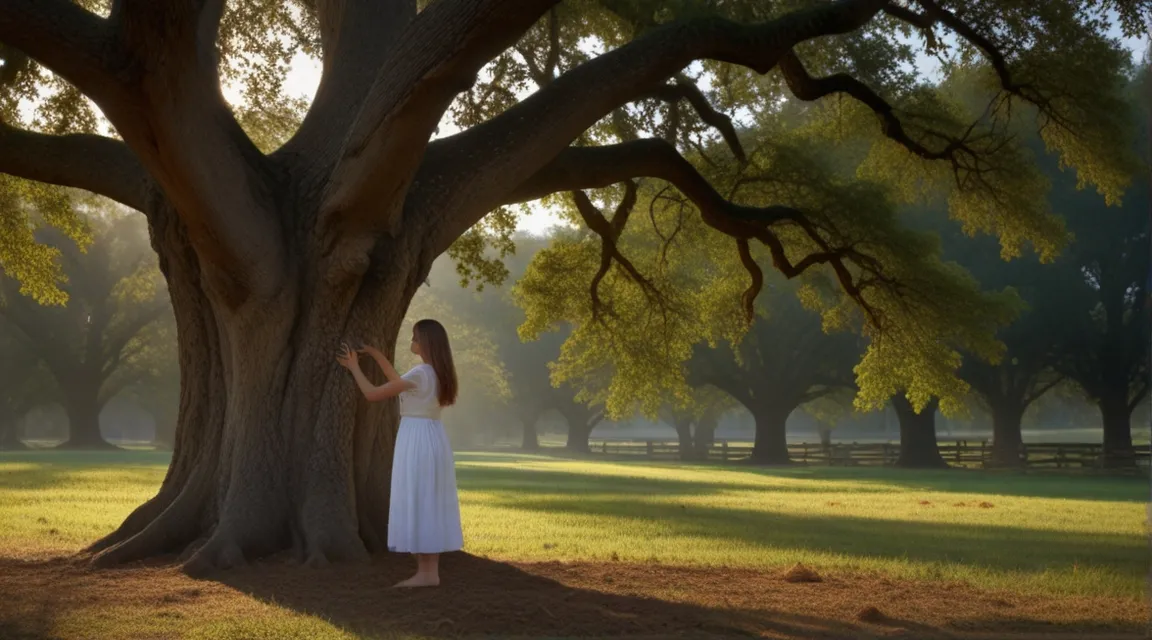 a woman standing in front of a large tree