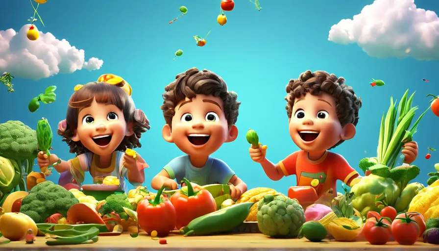 a group of children standing in front of a table full of fruits and vegetables