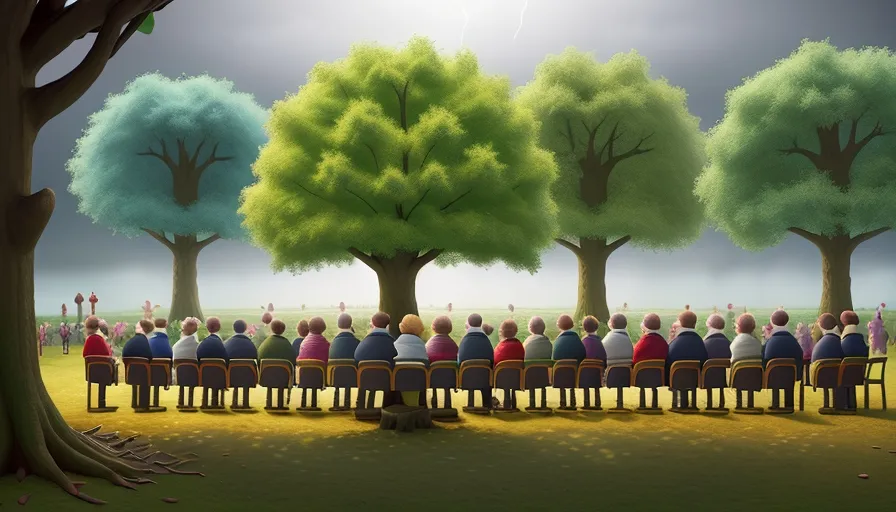 a large group of people sitting in chairs in front of a tree