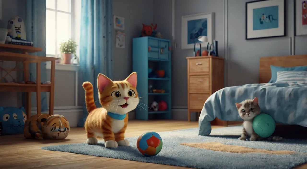 a cat and a kitten playing with a ball in a child's bedroom