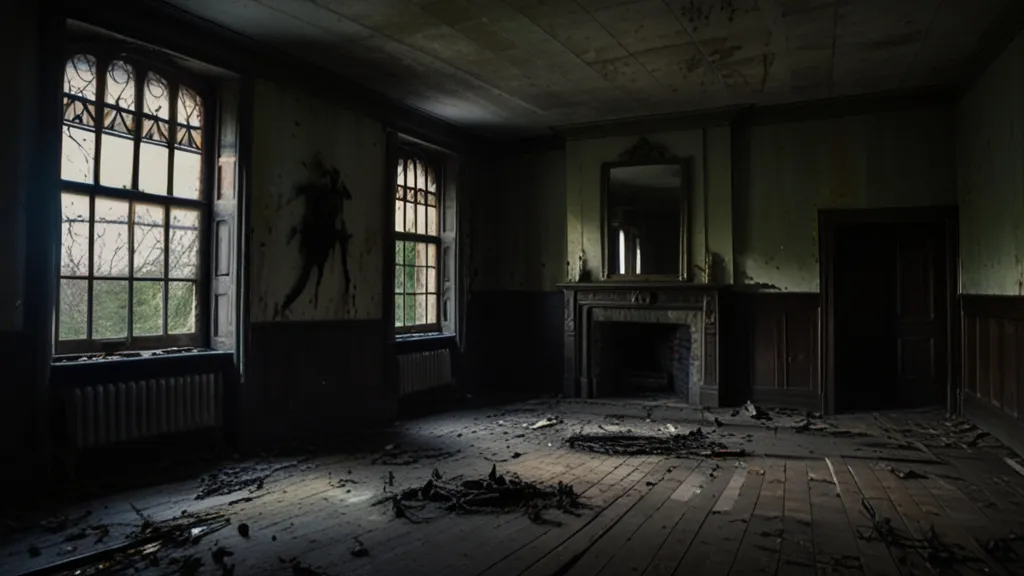 an empty room with a fireplace and broken windows