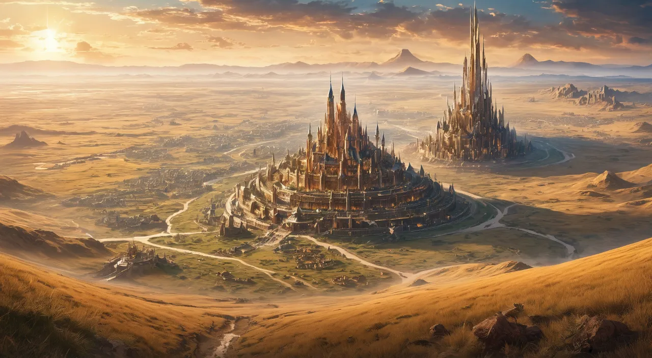 a painting of a castle in the middle of a desert