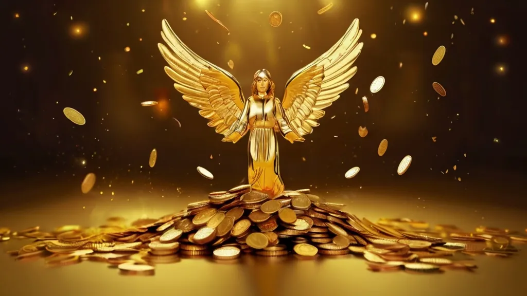 Create a Falling Money with golden background, 8k, size of 1920x1080, colorful
