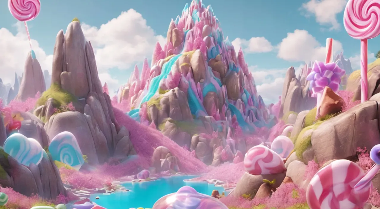 a candy land scene with lollipops and mountains