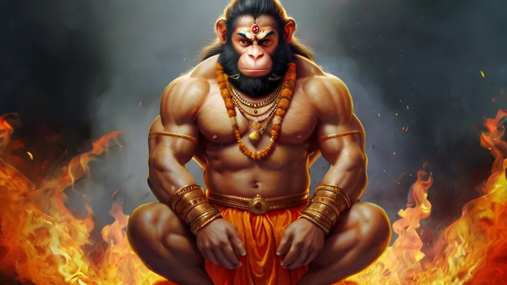 Create a god hanuman with a golden background, 8k, size of 1920x1080, colorful
