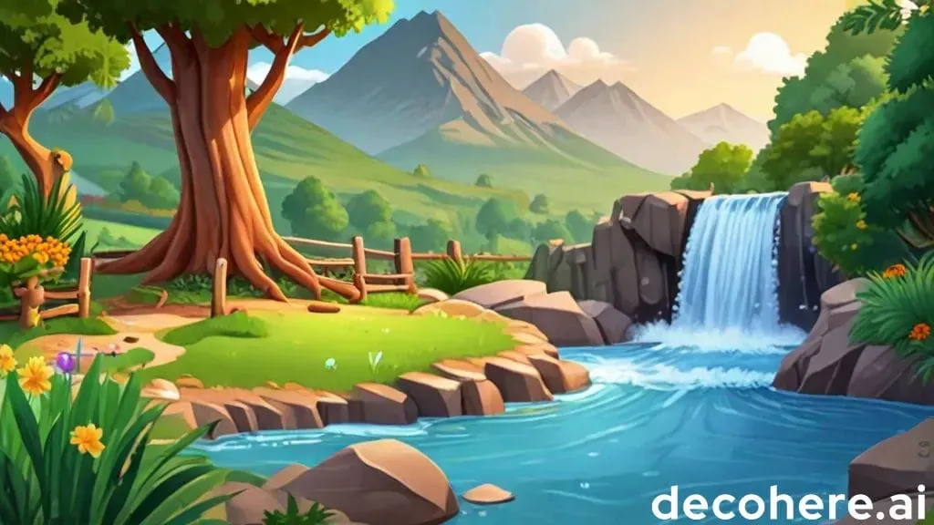 a beautiful landscape with a waterfall and a wooden fence