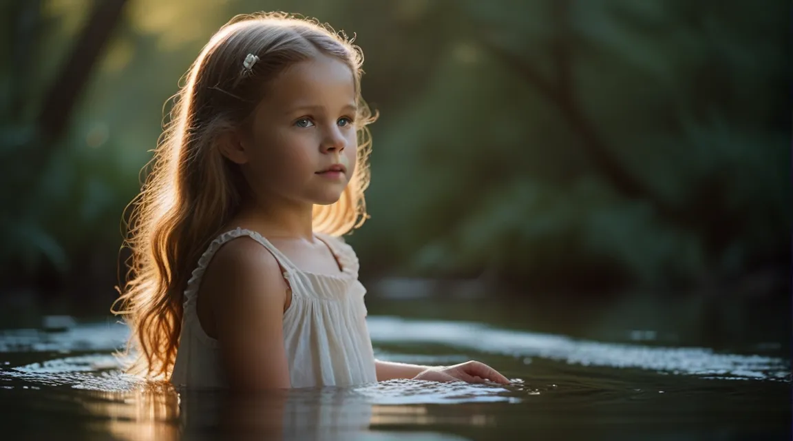 a little girl is sitting in the water